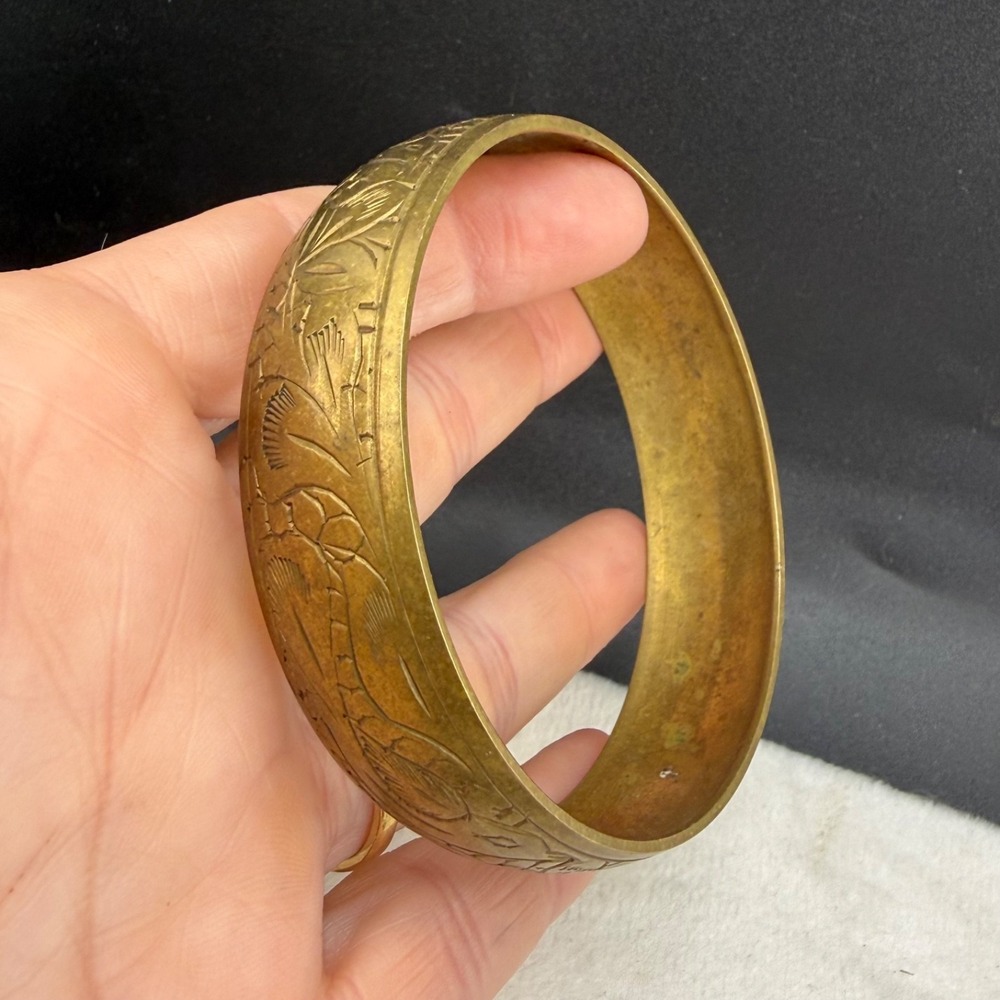 Vintage Brass Bangle Bracelet Bird Flower 8.5" - Picture 5 of 11